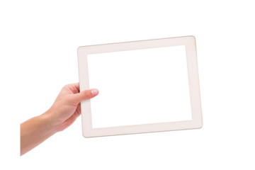 Digital png photo of caucasian hand holding tablet with copy space on transparent background
