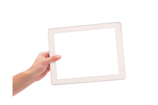 Digital png photo of caucasian hand holding tablet with copy space on transparent background - Powered by Adobe