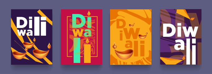 Diwali Hindu festival of vector illustration. Modern Indian colorful design set with oil lamps, texts, graphic elements. Creative Holiday background for branding, card, banner, cover, flyer or poster.
