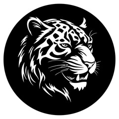 Head of a snow leopard in a black circle, in the style of stencils.  low points