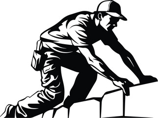 Bricklayer Stone Mason Logo Monochrome Design Style - obrazy, fototapety, plakaty