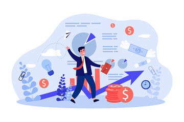 Happy businessman developing business vector illustration. Office worker celebrating success, generating ideas, making profit and investing money. Entrepreneurship, business development concept