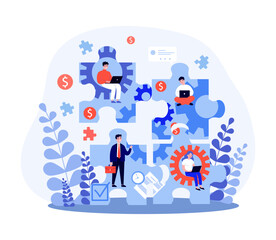 Coworkers in puzzle pieces vector illustration. People working together, using laptops, helping and supporting each other at work. Teamwork, collaboration, business concept