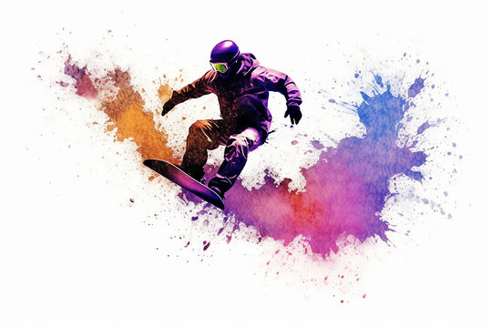 illustration of a man snowboarding with splash of colors