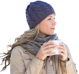 Digital png photo of caucasian woman wearing cap and scarf, holding mug on transparent background