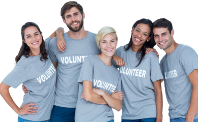Digital png photo of diverse volunteers embracing and smiling on transparent background