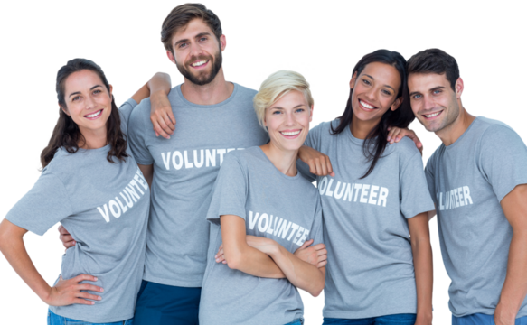 Digital png photo of diverse volunteers embracing and smiling on transparent background