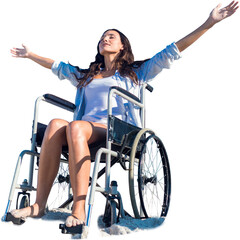 Fototapeta na wymiar Digital png photo of caucasian woman sitting in wheelchair widening arms on transparent background
