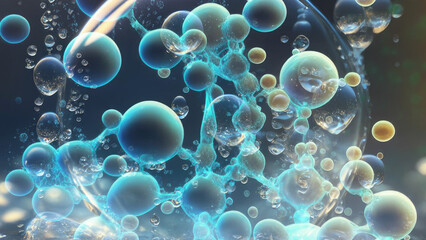 Background with bubbles, science molecule background, 3D Collagen serum, and vitamin hyaluronic acid skin care solutions