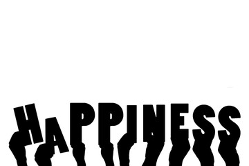 Digital png text of silhouettes of hands holding happiness text on transparent background