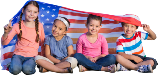 Digital png photo of happy diverse children with flag of usa on transparent background