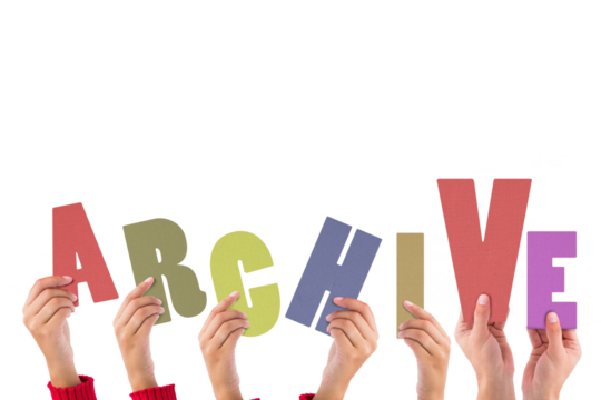 Digital png text of hands holding archive text on transparent background - Powered by Adobe