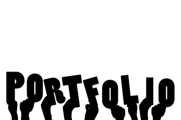 Digital png illustration of hands with portfolio text on transparent background