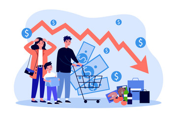 Fototapeta na wymiar Family shocked at economic crisis vector illustration. Drawing of mother, son and father with shopping cart and downward arrow, pile of products. Inflation, recession, finances, economy concept