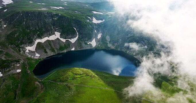 Babreka Rila mountain lakes and waterfall nature of Bulgaria, aerial view 4K video 