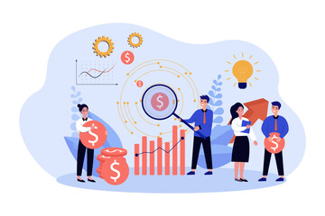 Employees analyzing corporate finances vector illustration. Cartoon drawing of accountants or workers managing company budget, charts, innovations. Finances, budget, business, management concept