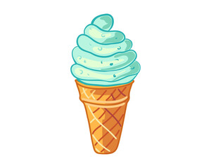 Green ice cream in a waffle cone with mint leaves, vector illustration isolated on a white background
