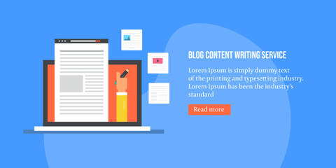 Text content writing, online blogging, freelance writer hand with pen, content creation and article publishing on internet conceptual web banner vector illustration.
