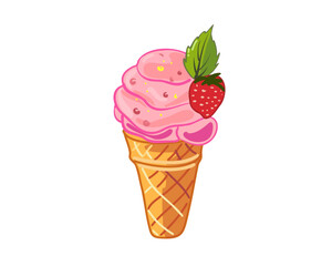 strawberry ice cream in a waffle cone, vector illustration isolated on white background