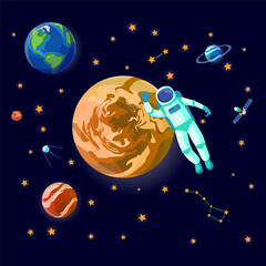 Astronaut exploring space and galaxy vector illustration. People discovering Venus and Jupiter, satellite flying among different stars and planets. Flight into space, science concept
