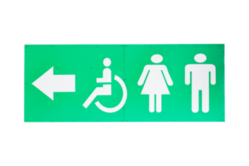 Signs Modern public toilet or bathroom sign green isolated on cut out PNG of men, women, people disabilities with person icon. Symbol notifying people to use service in restaurants.