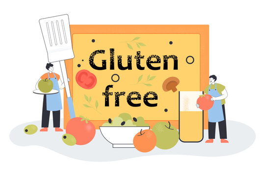 Gluten free food banner vector illustration. Happy people cooking healthy food with fruits and vegetables, making fresh juice, avoiding bread and pasta. Healthy diet, health care concept