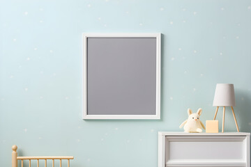 Poster mockup with vertical frame on empty blue wall in modern child bedroom with cabinet lamp and stuffed toy