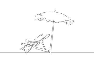 Beach chair. Folding chair on the beach under an umbrella. Rest on the sea. Linear.One continuous line drawn isolated, white background. © derplan13