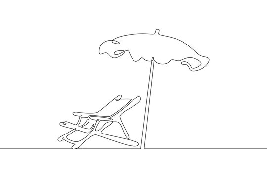 Beach chair. Folding chair on the beach under an umbrella. Rest on the sea. Linear.One continuous line drawn isolated, white background.