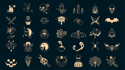 Tattoo alchemy and esoteric. Mystical halloween character. Halloween icon logo collectio set vector illustration