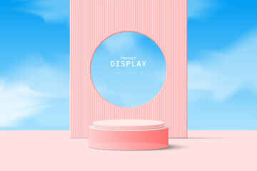 3d blue sky and cloud background, pink 3d transparent glass cylinder podium pedestal or product display stand with circles round hole in the middle of backdrop. 3d geometric form design.