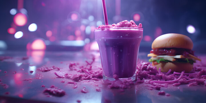 a photo realistic high detailed image in 4K of a spacey shot from some different purple colourd fastfood with silver ketchup spinning around. shot by lexa camera with Signature Primes le ai generative