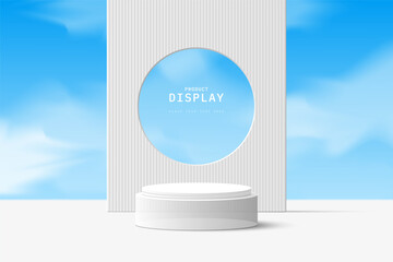3d blue sky and cloud background, white 3d transparent glass cylinder podium pedestal or product display stand with circles round hole in the middle of backdrop. 3d geometric form design. - obrazy, fototapety, plakaty