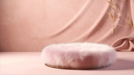 Pink fur podium pastel background. Product display stand with Generative Ai.
