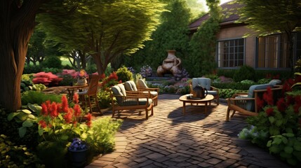 Colorful garden with chairs and blooming flowers