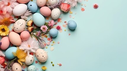 Fototapeta na wymiar Happy Easter Day with colorful eggs and flowers on pastel background