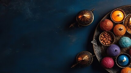 Obraz premium Ramadan food on pastel background for Ramadan banner concept design