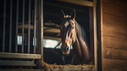 Horse peeking out of a stable