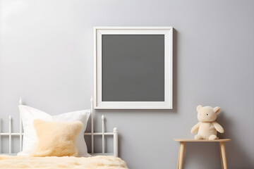 Poster mockup with vertical frame on empty grey wall in modern baby bedroom with child bed nursery room mock up