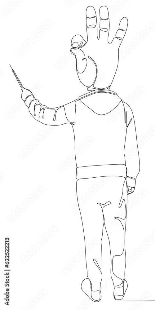 Poster abstract one continuous line of man with hand as head pointing. thin line illustration vector concep