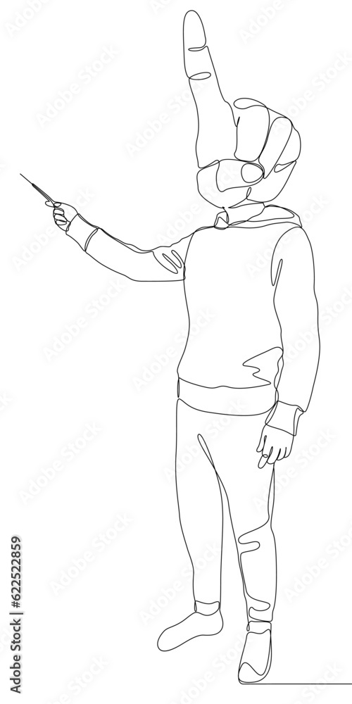 Poster abstract one continuous line of man with hand as head pointing. thin line illustration vector concep