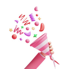 3d cartoon style party poppers with flying confetti