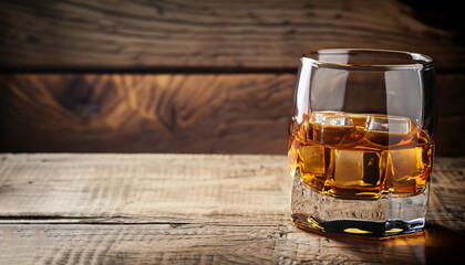 Scotch on wooden background with copyspace. An old and vintage countertop with highlight and a glass of hard liquor