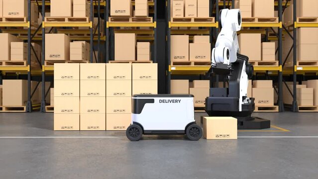 Looping video of Robot arm picking up the box Autonomous, The robot is delivering the goods, Autonomous delivery is robotic