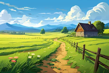 Fotobehang summer countryside house farm buildings cartoon illustration © gantengmanja