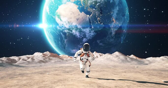 Astronaut Running On A Planet Surface. Making First Steps. Planet Mars Colonization Concept. Space Related Majestic Scene.