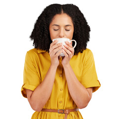 Young woman smelling the coffee aroma in a mug with a peace, calm or positive mindset. Happy female model drinking a cup of tea, cappuccino or latte espresso isolated by a transparent png background.