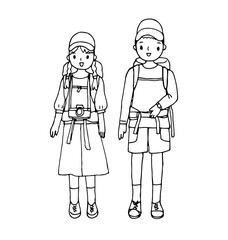 Fototapeta na wymiar Backpacker couple, man and woman. Outline drawing style vector.