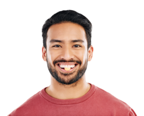 Eating pill, man and portrait with health supplement, prescription and wellness tablet. Asian person, happy face and medicine for nutrition, healthcare and isolated on a transparent png background