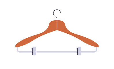 Empty wooden clothes hanger with metal clips for skirts, trousers. Apparel accessory with clamps for hanging top and bottom garments. Flat vector illustration isolated on white background